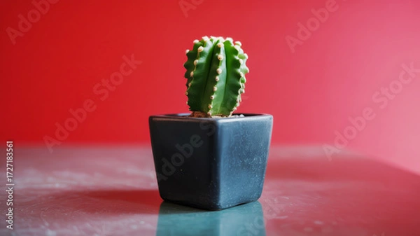 Fototapeta A minimalist photograph of a small green cactus plant in a black square ceramic pot against a vibrant red background.