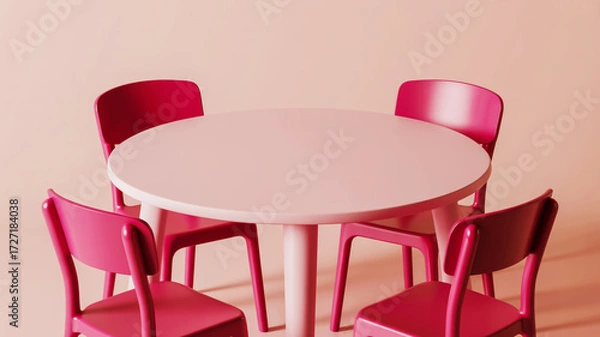 Fototapeta A minimalist product photography composition of a small white round table with four hot pink plastic chairs on a solid light pink background.