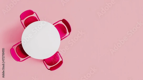 Fototapeta A minimalist product photography composition of a small white round table with four hot pink plastic chairs on a solid light pink background.