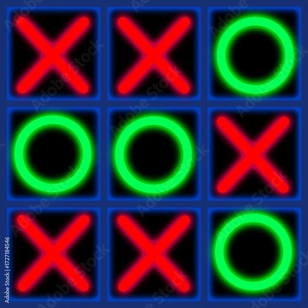 Fototapeta Neon Glow Tic Tac Toe X and O Game Grid Design