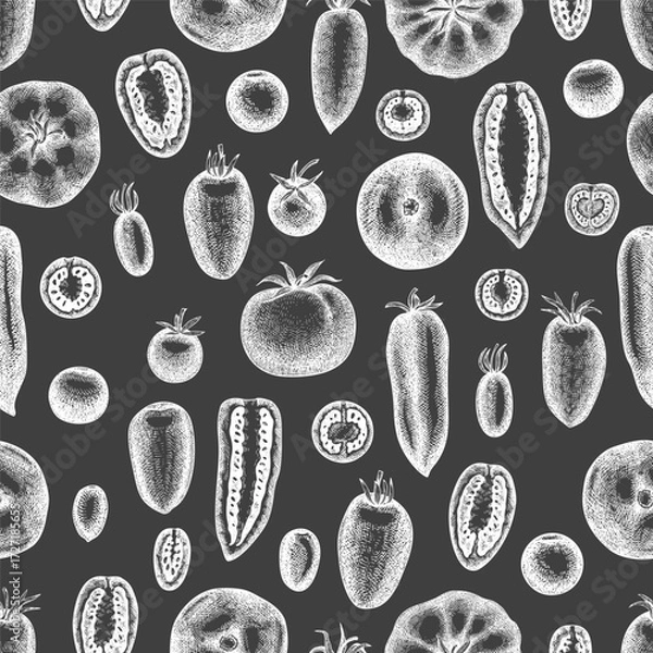 Fototapeta Hand Drawn Chalk Board Tomato Illustration. Retro Vegetable Vector Seamless Pattern. Old School Farm Food.