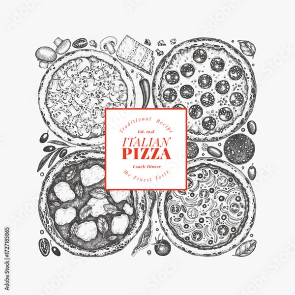 Fototapeta Hand Drawn Vector Pizza Design Template. Not AI Generated Illustration. Retro Pizza Banner. Old School Italian Food Background