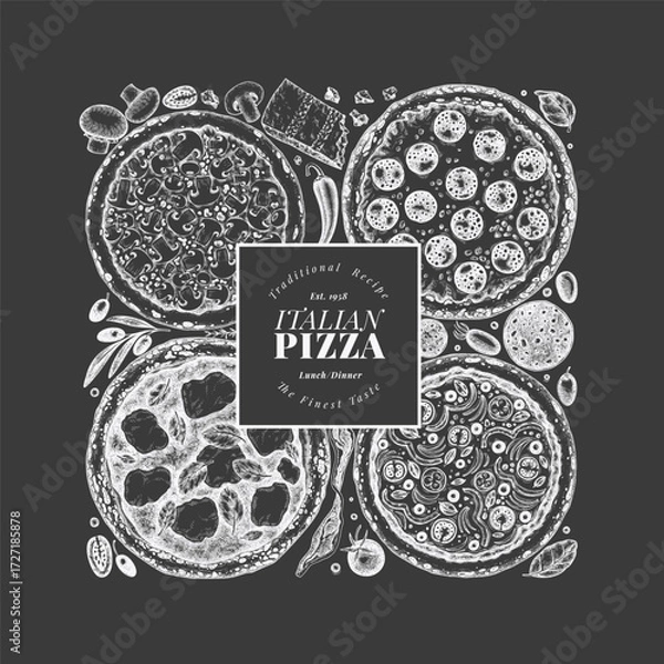 Fototapeta Hand Drawn Vector Pizza Chalk Board Design Template. Not AI Generated Illustration. Retro Pizza Banner. Old School Italian Food Background