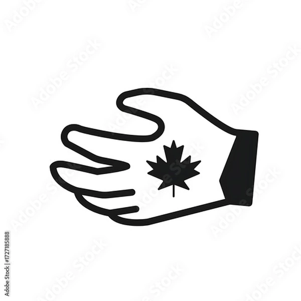 Fototapeta A black vector line art of an open hand with a stylized maple leaf symbol on white background.