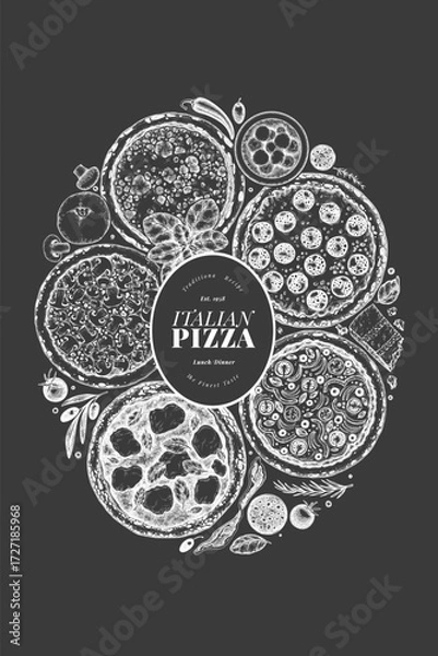 Fototapeta Hand Drawn Vector Pizza Chalk Board Design Template. Not AI Generated Illustration. Retro Pizza Banner. Old School Italian Food Background