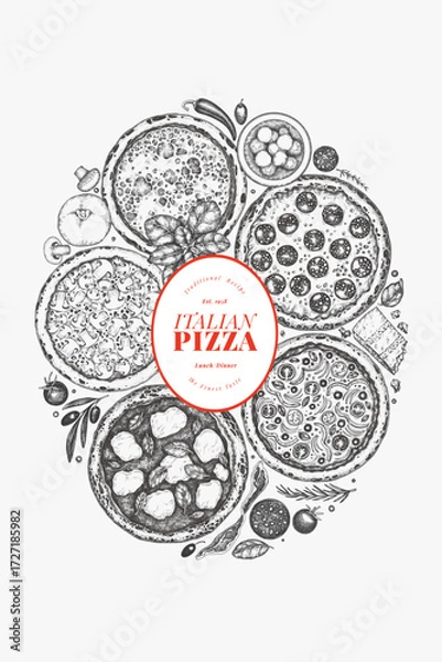 Fototapeta Hand Drawn Vector Pizza Design Template. Not AI Generated Illustration. Retro Pizza Banner. Old School Italian Food Background