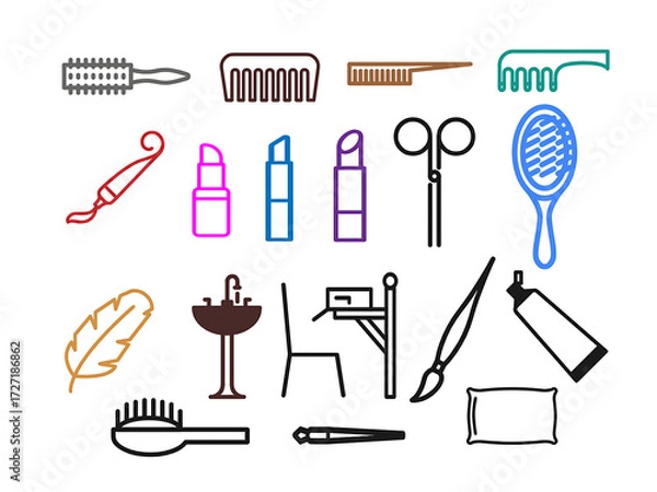 Fototapeta Flat vector illustration of beauty, grooming, and beautiful art objects in colored outline style on a white background.
