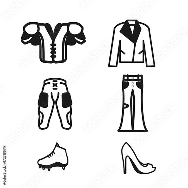 Fototapeta A collection of six isolated line art & vector, illustrations of clothing items on a white background. gents and ladies both style .
