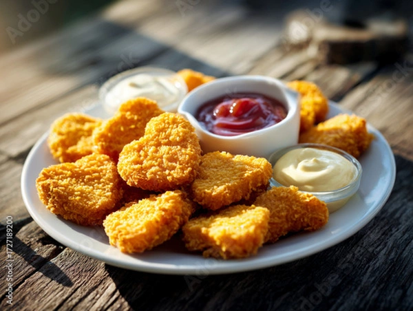 Obraz Golden Crispy Chicken Nuggets with Dipping Sauces on White Plate