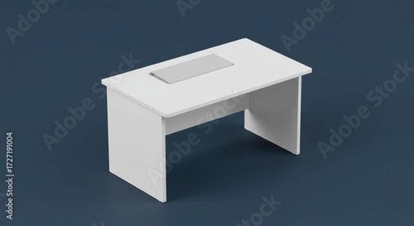 Fototapeta White desk on a blue background with a rectangular panel on top