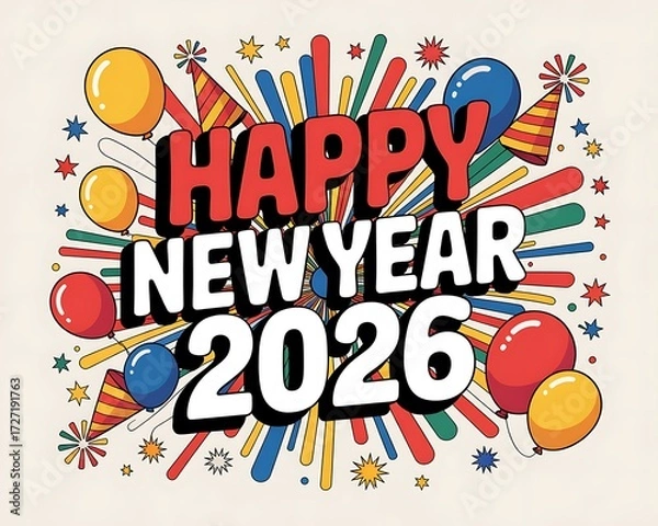 Fototapeta Happy New Year 2026 fireworks poster with balloons stars confetti party hats and countdown clock, bold typography for social media banners, event invitations, greeting cards and promotions