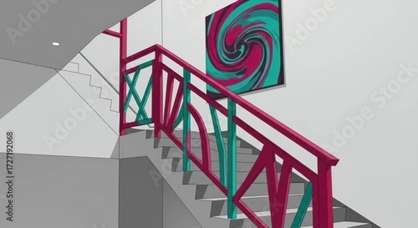 Fototapeta Interior view of stairwell with colorful railing and wall art