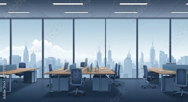 Fototapeta Empty office space with skyline view, desks and chairs arrangement