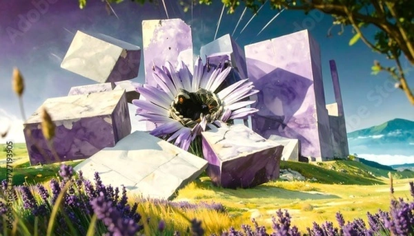 Obraz Lavender field with surreal cuboid structures and a large flower in a dreamlike landscape