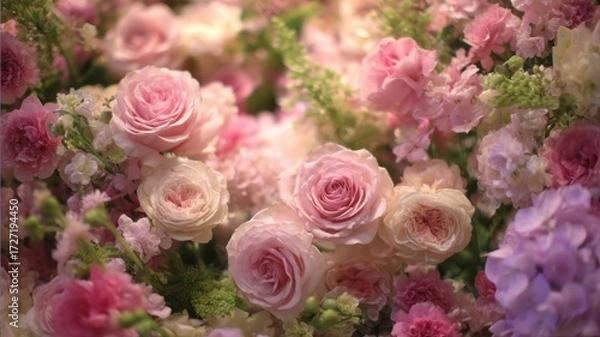 Fototapeta Lush pink floral tapestry in soft light. AI image