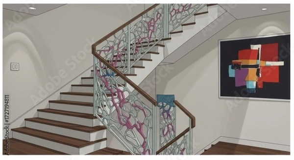 Fototapeta Interior staircase with modern decorative railing and abstract artwork