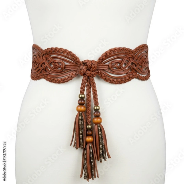 Fototapeta Brown macrame beaded tassel belt isolated on transparent background