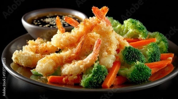 Fototapeta Crispy fried shrimp with vegetables