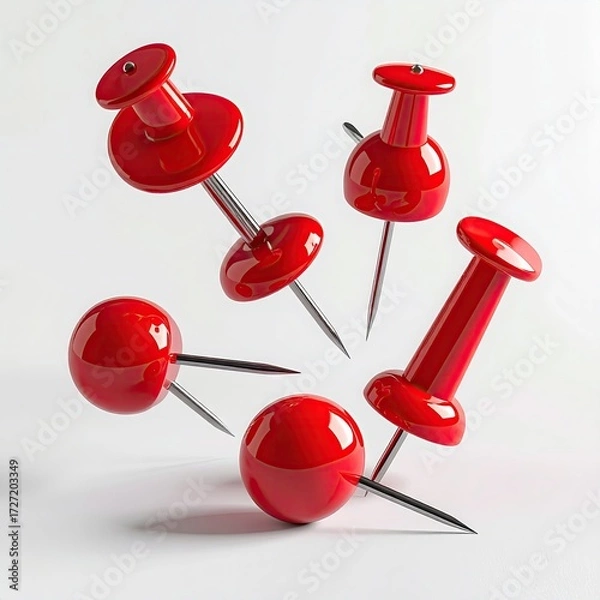 Fototapeta Four red pushpins scattered, sharp points angled outward