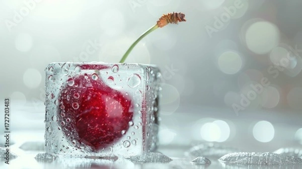 Fototapeta Fresh cherry in ice cube