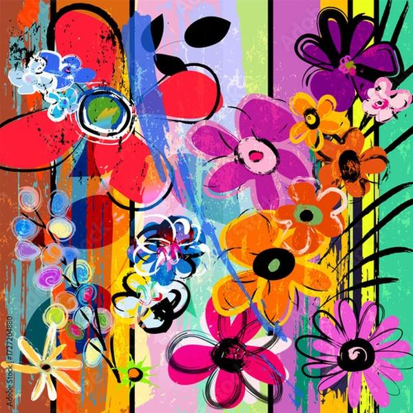 Fototapeta abstract background composition with flowers, with paint strokes, splashes and geometric lines