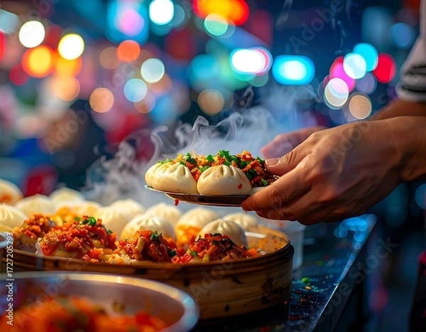 Fototapeta Steaming hot delicious dumplings served at an Asian night market with bokeh lights in the background, a culinary delight