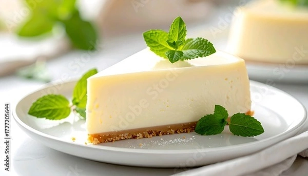 Obraz A delectable slice of classic creamy cheesecake garnished with vibrant fresh mint leaves, presented on a white plate for a delightful and refreshing dessert experience