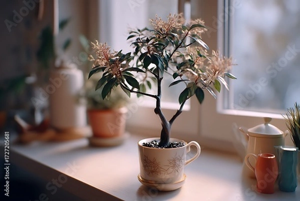 Fototapeta Morning coffee ritual with a potted plant by the window, captured indoors in soft natural light for a cozy, relaxing atmosphere.
