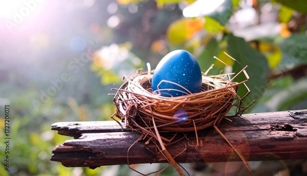 Obraz Blue, speckled egg rests in a bird's nest on a weathered branch, against soft foliage