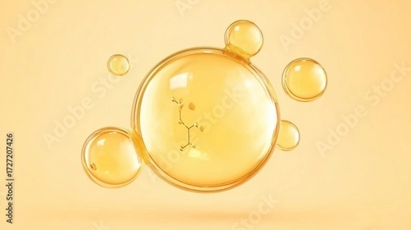 Fototapeta Golden liquid bubbles with molecular structure, set against a soft yellow background, evoking themes of science and chemistry.