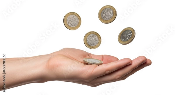 Fototapeta Isolated palm holding coin while more coins appear to be falling, money movement metaphor