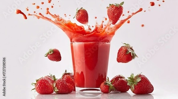 Fototapeta A vibrant splash of fresh strawberry juice erupts from a glass, surrounded by ripe strawberries on a reflective surface.