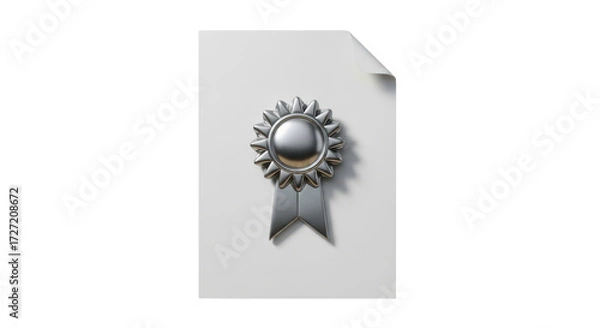Fototapeta Isolated silver award ribbon on a certificate with curled corner for excellence or achievement