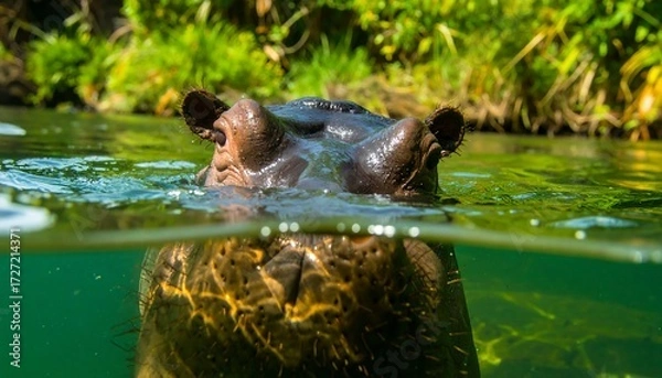 Obraz Hippopotamus immersed in water, with sun-dappled hide visible below the surface