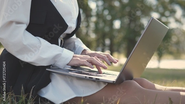 Fototapeta A woman in a stylish outfit sits on the grass, working intently on her laptop. The scene is set in a calm park with trees and sunlight creating a peaceful atmosphere, perfect for productivity