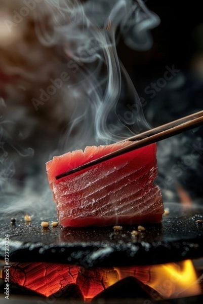 Fototapeta Seared tuna slice with chopsticks