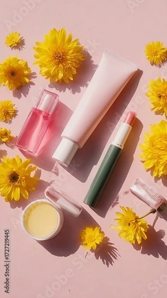 Fototapeta A flat lay composition featuring an assortment of beauty products and vibrant yellow flowers on a soft pink background, creating a fresh and natural aesthetic.