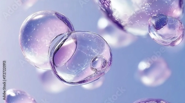 Fototapeta Transparent, iridescent spheres float against a soft blue background, creating an ethereal and scientific visual effect.