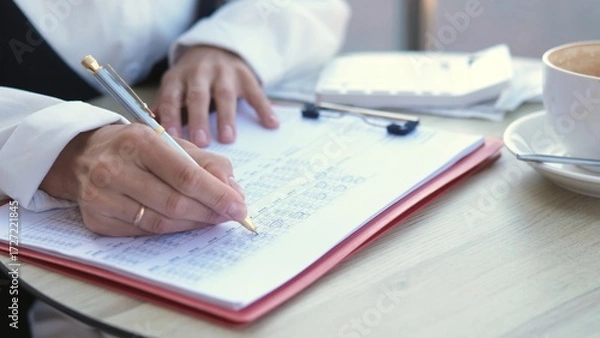Fototapeta A focused businesswoman writes notes in a notebook at a cafe. She enjoys her coffee while planning and organizing her tasks in a serene setting, surrounded by a professional atmosphere