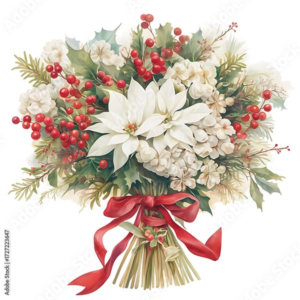 Obraz Festive christmas bouquet featuring a white poinsettia and red berries tied with a red ribbon and straw accents perfect for holiday greetings
