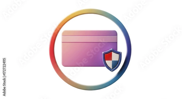 Fototapeta Isolated colorful ring surrounds credit card icon and secure shield graphic sign for payment