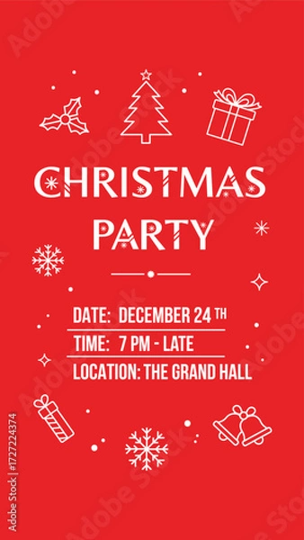 Fototapeta Christmas party invitation flyer poster with minimalist white line icons on red background.