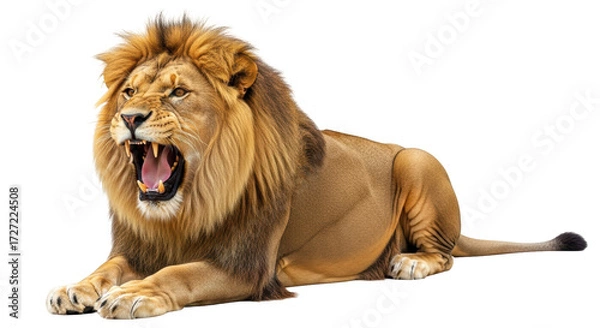 Fototapeta Isolated lion roaring, lying down, facing left; majestic predator with open mouth, fangs