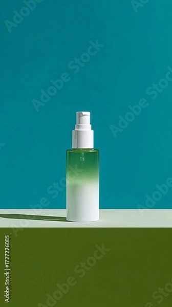 Fototapeta A minimalist composition featuring a gradient-colored spray bottle with a white pump, set against a vibrant teal and olive green background.