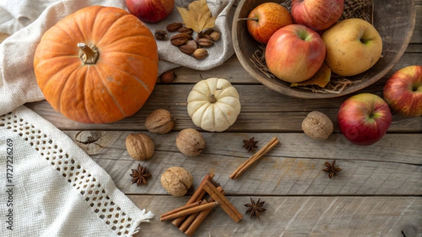 Fototapeta Cozy autumn harvest flat lay, pumpkins, apples, cinnamon sticks and nuts on rustic wooden table, warm natural light, farmhouse atmosphere, top view.