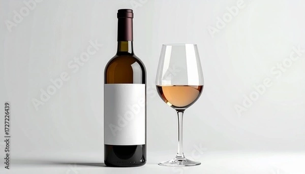 Obraz Elegant rosé wine bottle with a blank white label for branding mockups, presented next to a full glass on a clean and minimalist light background