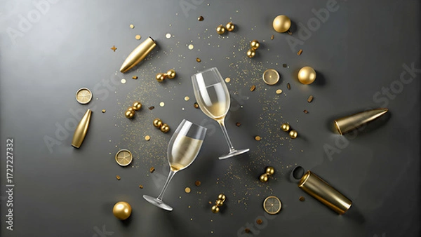 Fototapeta Top view New Year celebration scene with champagne glasses, golden confetti, and clock at midnight, black background with copy space for text, elegant and festive mood, photorealistic.