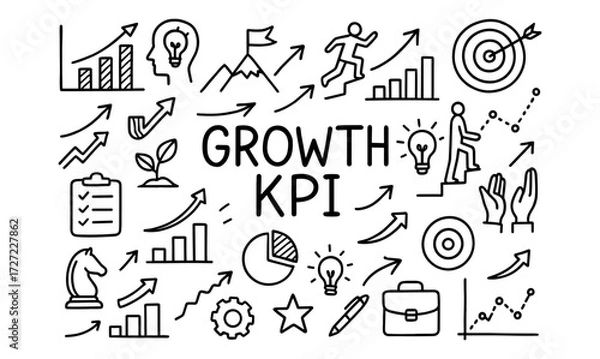 Fototapeta Growth and kpi concept with doodle style business icons and charts