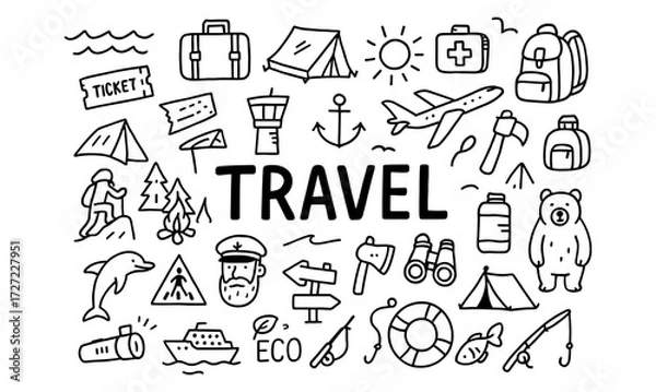 Fototapeta Hand drawn travel icons featuring camping and adventure elements