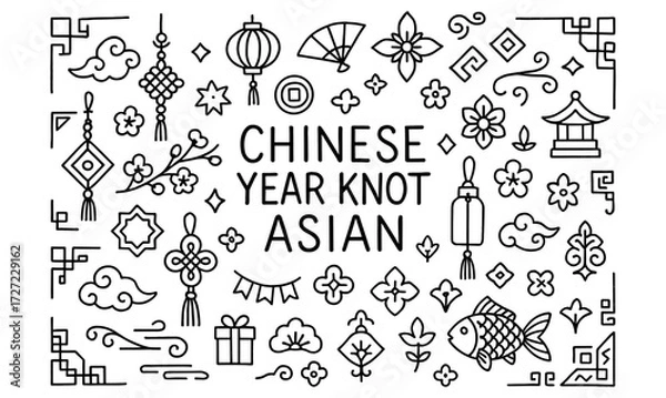 Fototapeta Chinese new year knot design with asian icons in linear black and white style